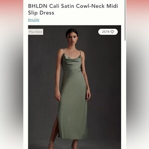 BHLDN Cali Satin Cowl-Neck Midi Slip Dress, Size 4, Color Moss